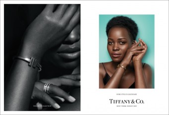 Actress Lupita Nyongo wears a Tiffany T square bracelet and Tiffany T, Tiffany & Co.