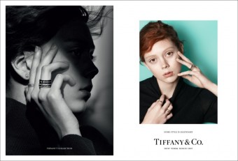 Model Natalie Westling wears Tiffany solitaire diamond earrings, Tiffany & Co.