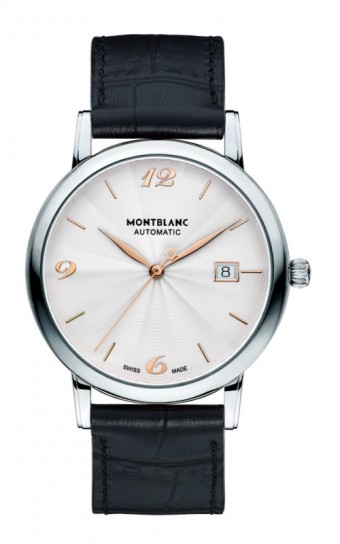 Montblanc 4810 Day-Date <br><br>Mechanick strojek s automatickm ntahem, rezerva ntahu piblin 42 hodin, kulat ocelov pouzdro vel. 40,5 mm, stbit bl selnk s giloovnm, indexy hodin a ruky z ervenho zlata s luminiscenn pravou, datum a den v tdnu v oknku na pozici 3 a 12, hvzdika Montblanc na korunce, ern emnek z aligtora. Cena 79 400 K.