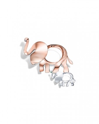 Tiffany Save the Wild elephant brooch in 18k rose gold with a diamond and Tiffany Save the Wild elephant brooch in sterling silver with a tsavorite, small, photo Credit: Tiffany & Co.